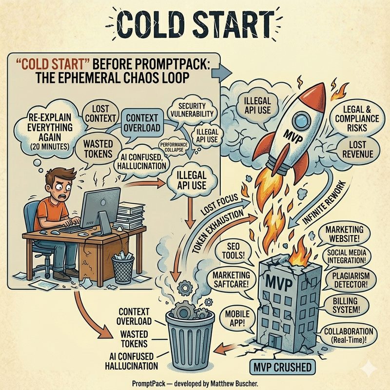 Illustration of The Cold Start — timeline showing 1 week away leads to 20 minutes re-explaining everything