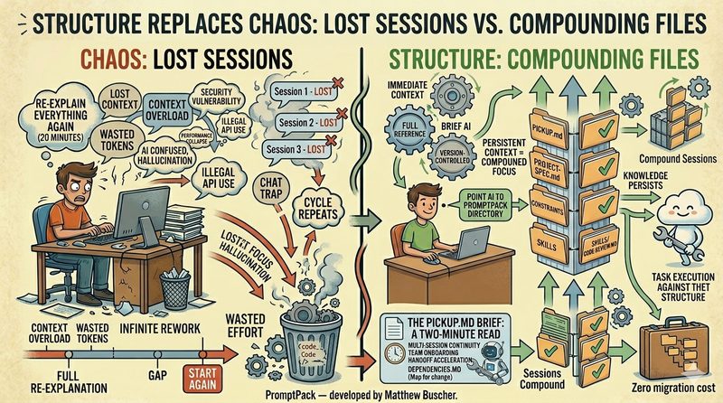 Before and after — chat sessions losing context versus structured markdown files where knowledge persists and compounds